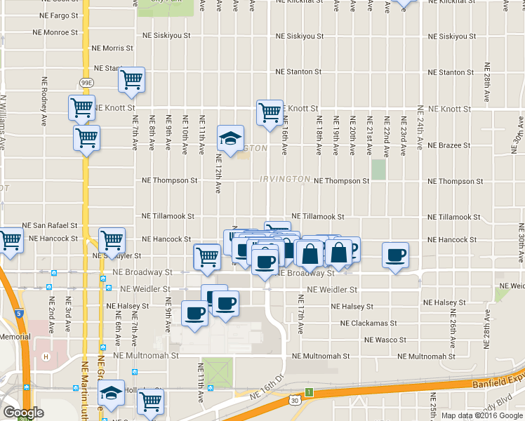 map of restaurants, bars, coffee shops, grocery stores, and more near 2002 Northeast 15th Avenue in Portland