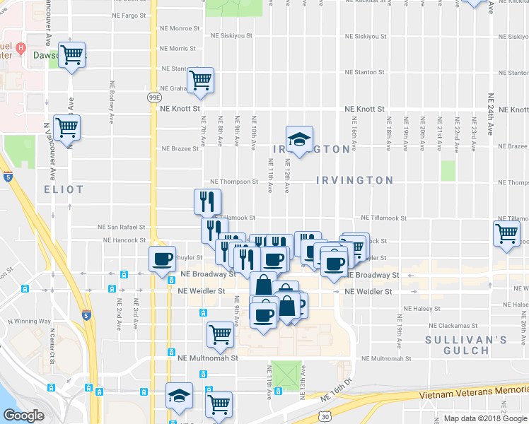 map of restaurants, bars, coffee shops, grocery stores, and more near 2003 Northeast 11th Avenue in Portland