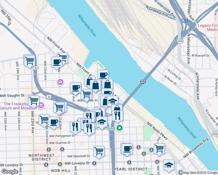 map of restaurants, bars, coffee shops, grocery stores, and more near 2030 Northwest 17th Avenue in Portland