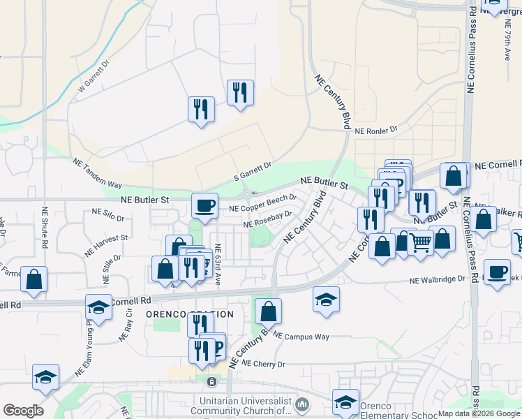 map of restaurants, bars, coffee shops, grocery stores, and more near 1650 Northeast 65th Avenue in Hillsboro