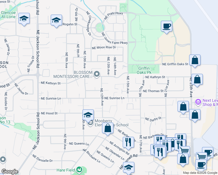 map of restaurants, bars, coffee shops, grocery stores, and more near 1325 Northeast Sunrise Lane in Hillsboro