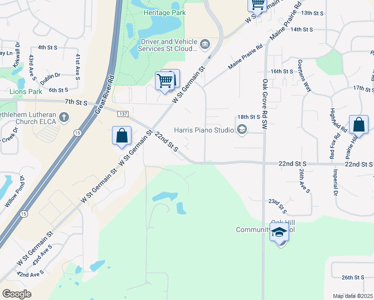 map of restaurants, bars, coffee shops, grocery stores, and more near 3403 22nd Street South in St. Cloud