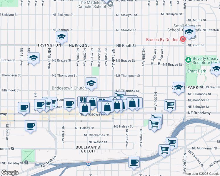 map of restaurants, bars, coffee shops, grocery stores, and more near 2323 Northeast Tillamook Street in Portland