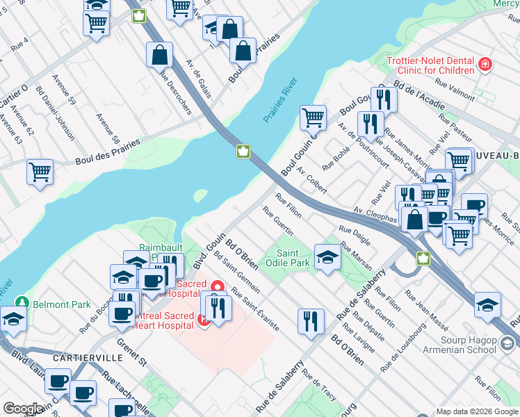 map of restaurants, bars, coffee shops, grocery stores, and more near 4400 Boulevard Gouin Ouest in Montréal
