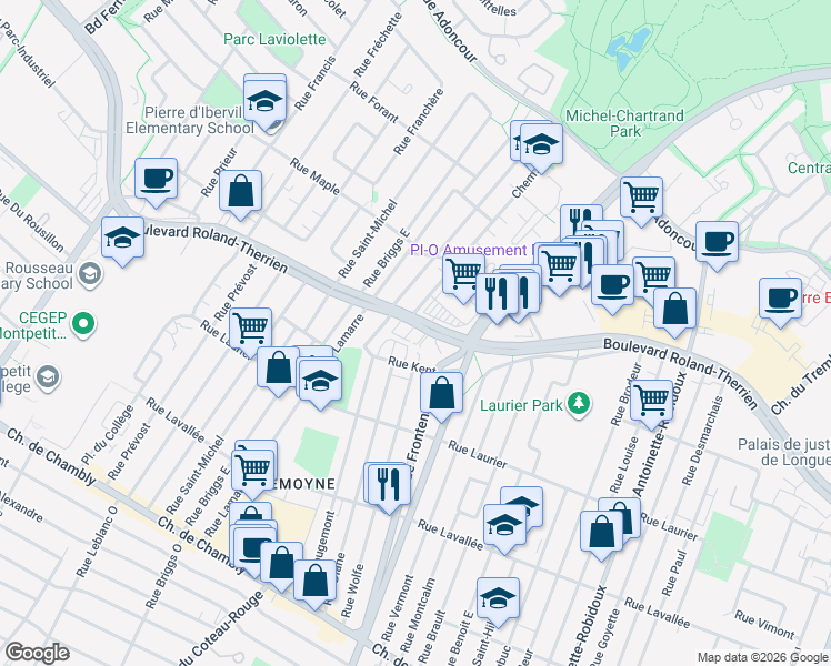 map of restaurants, bars, coffee shops, grocery stores, and more near 1630 Boulevard Roland-Therrien in Longueuil