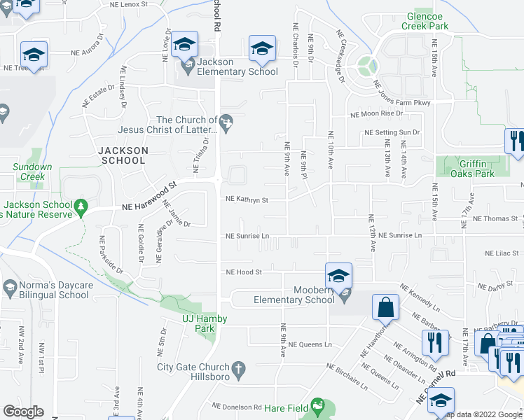 map of restaurants, bars, coffee shops, grocery stores, and more near 831 Northeast Thomas Court in Hillsboro
