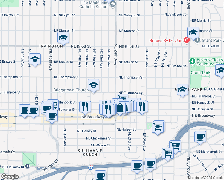 map of restaurants, bars, coffee shops, grocery stores, and more near 2323 Northeast Tillamook Street in Portland