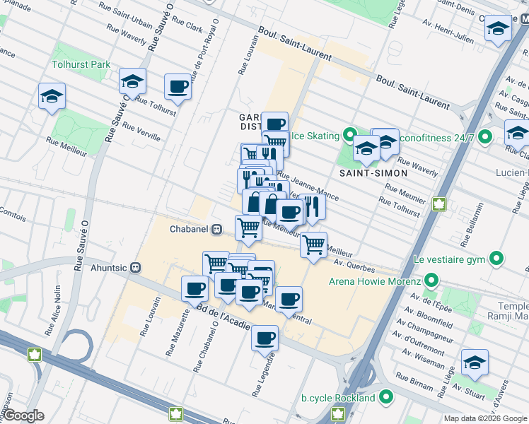 map of restaurants, bars, coffee shops, grocery stores, and more near 9250 Avenue du Parc in Montréal