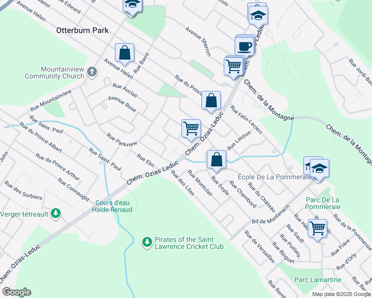 map of restaurants, bars, coffee shops, grocery stores, and more near 26 Rue Vanier in Otterburn Park