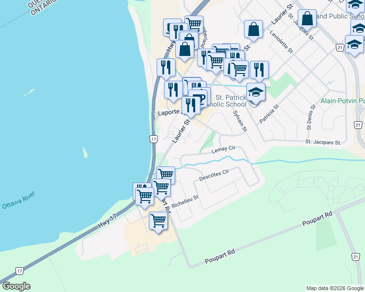 map of restaurants, bars, coffee shops, grocery stores, and more near 2927 Laurier Street in Clarence-Rockland
