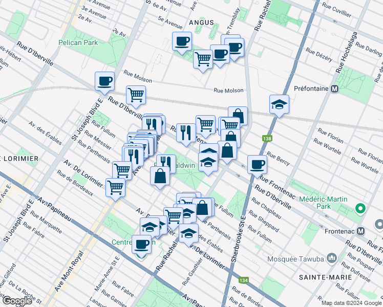 map of restaurants, bars, coffee shops, grocery stores, and more near 2484 Marie-Anne Street East in Montreal