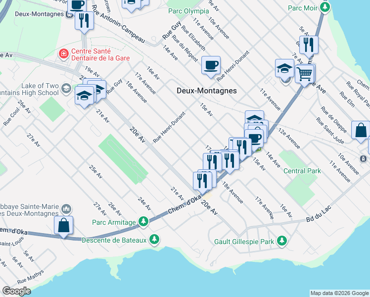 map of restaurants, bars, coffee shops, grocery stores, and more near 252 18e Avenue in Deux-Montagnes