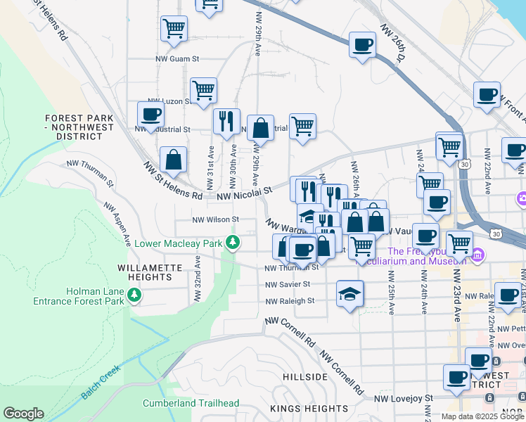 map of restaurants, bars, coffee shops, grocery stores, and more near 2868 Northwest Wardway in Portland