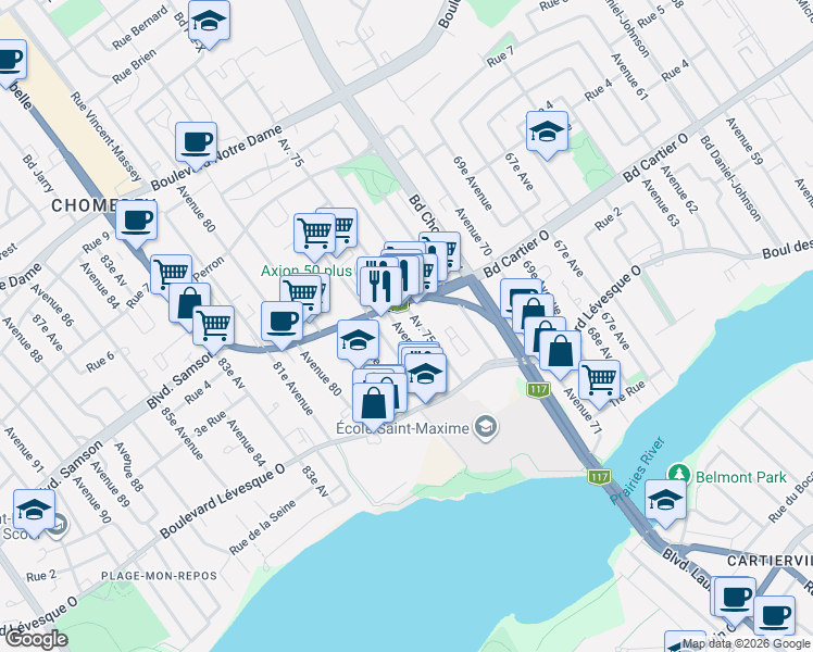 map of restaurants, bars, coffee shops, grocery stores, and more near 315 76e Av in Laval