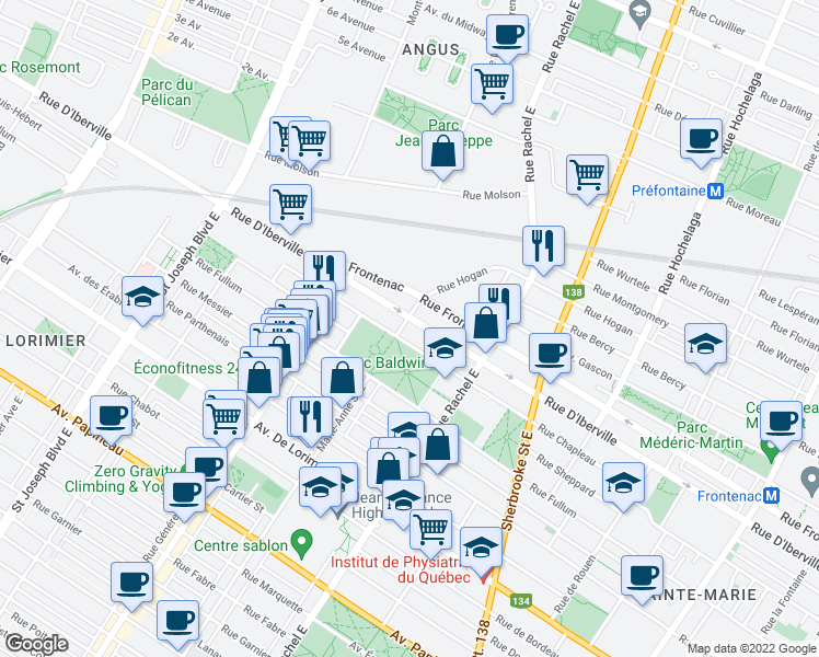 map of restaurants, bars, coffee shops, grocery stores, and more near 2480 Rue Marie-Anne in Montréal