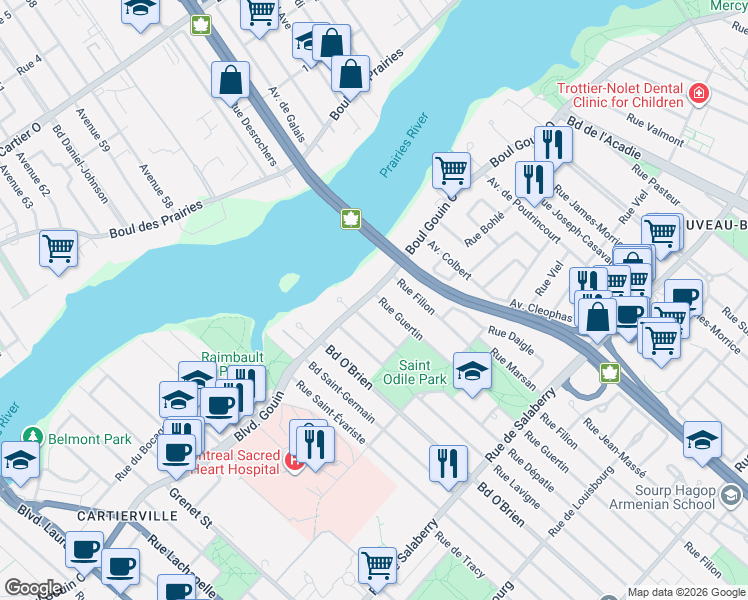 map of restaurants, bars, coffee shops, grocery stores, and more near 4400 Boulevard Gouin Ouest in Montréal