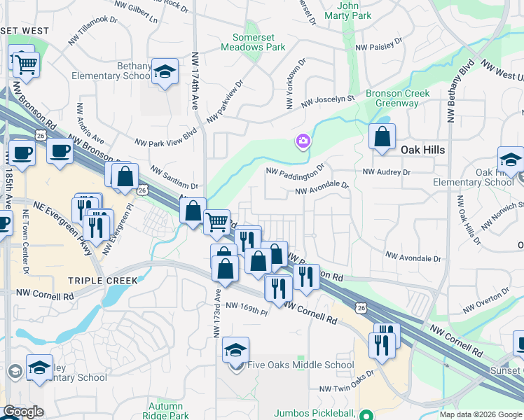 map of restaurants, bars, coffee shops, grocery stores, and more near 16985 Northwest Shadow Hills Lane in Beaverton