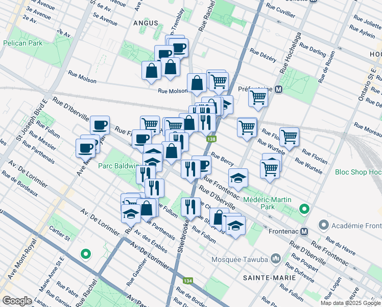 map of restaurants, bars, coffee shops, grocery stores, and more near 3445 Avenue Gascon in Montréal