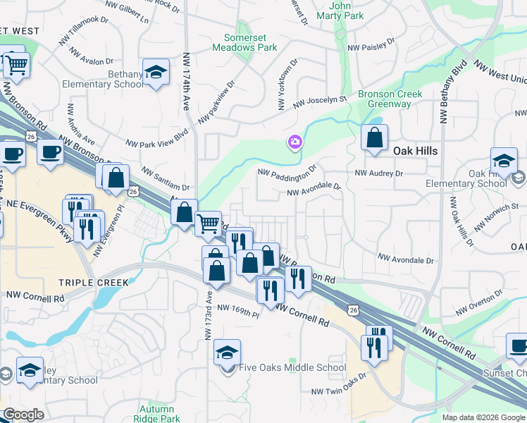 map of restaurants, bars, coffee shops, grocery stores, and more near 16943 Northwest Shadow Hills Lane in Beaverton