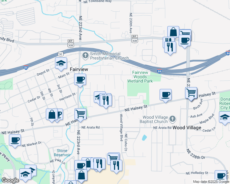 map of restaurants, bars, coffee shops, grocery stores, and more near 2013 Northeast 228th Court in Fairview