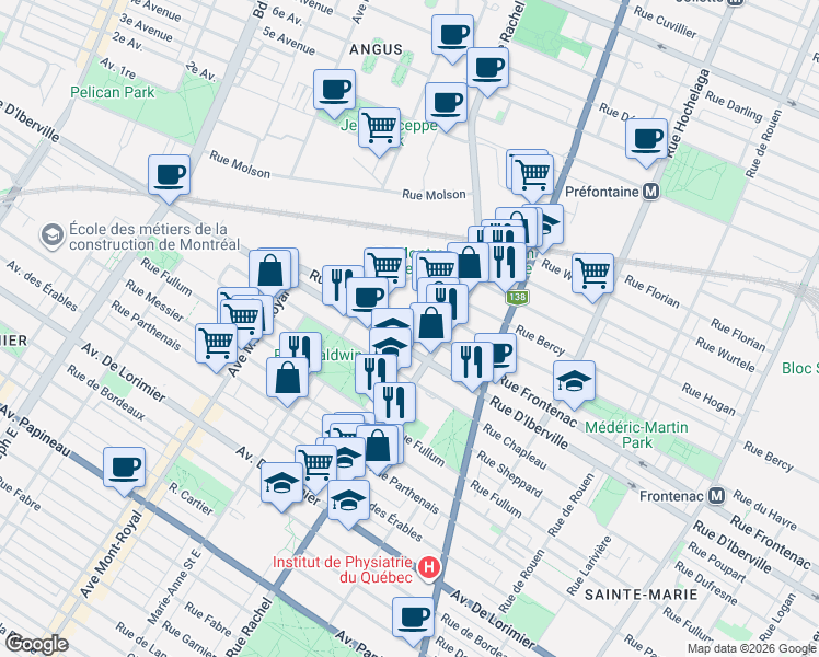 map of restaurants, bars, coffee shops, grocery stores, and more near 4280 Rue Frontenac in Montréal