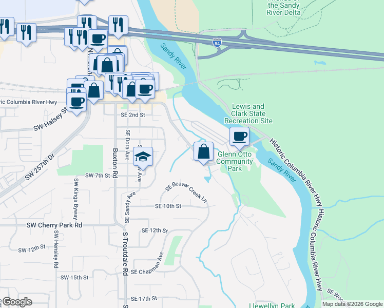 map of restaurants, bars, coffee shops, grocery stores, and more near East Columbia River Highway in Troutdale