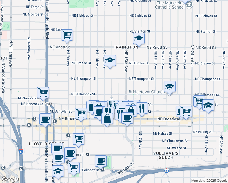 map of restaurants, bars, coffee shops, grocery stores, and more near 2108-2114 Northeast 13th Avenue in Portland