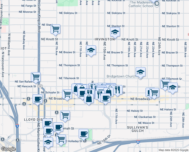 map of restaurants, bars, coffee shops, grocery stores, and more near 2114 Northeast 13th Avenue in Portland