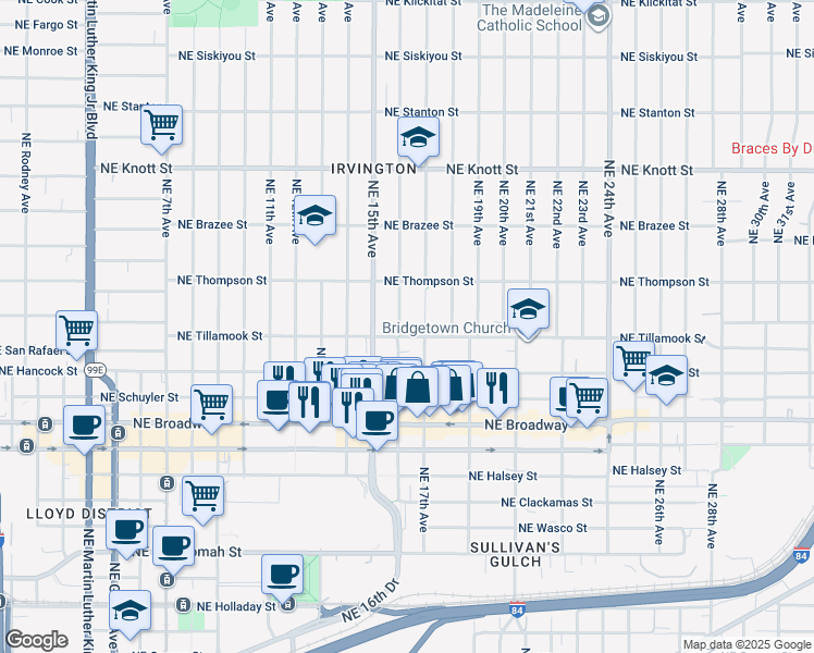 map of restaurants, bars, coffee shops, grocery stores, and more near 2110 Northeast 16th Avenue in Portland
