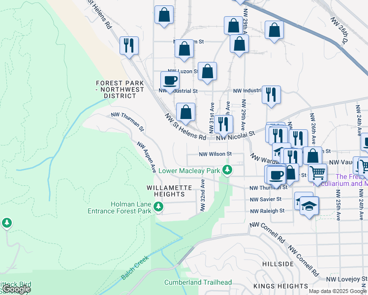 map of restaurants, bars, coffee shops, grocery stores, and more near 2125 Northwest 33rd Avenue in Portland