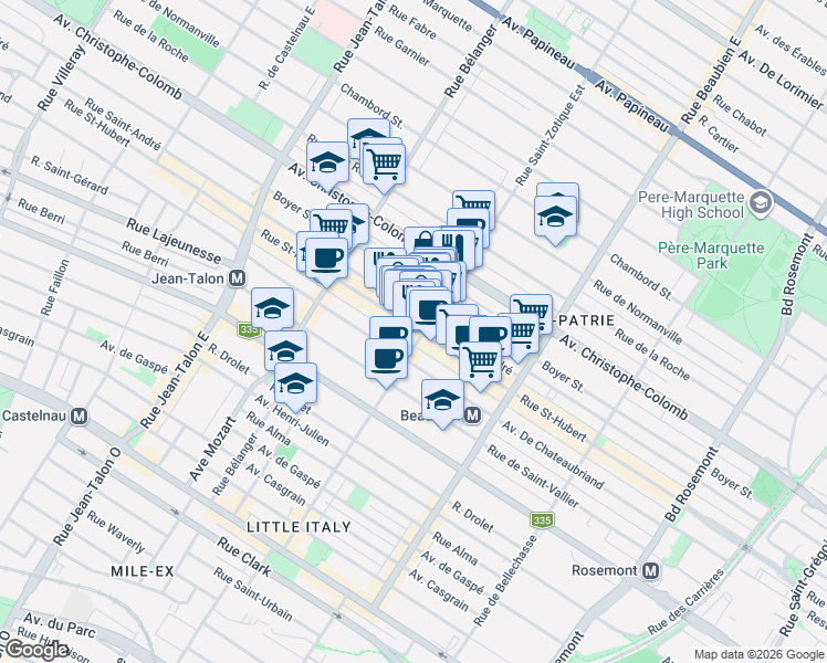 map of restaurants, bars, coffee shops, grocery stores, and more near 6712 Rue Saint-Hubert in Montréal
