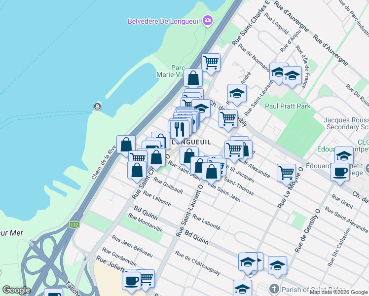 map of restaurants, bars, coffee shops, grocery stores, and more near 244 Rue Saint-Charles Ouest in Longueuil