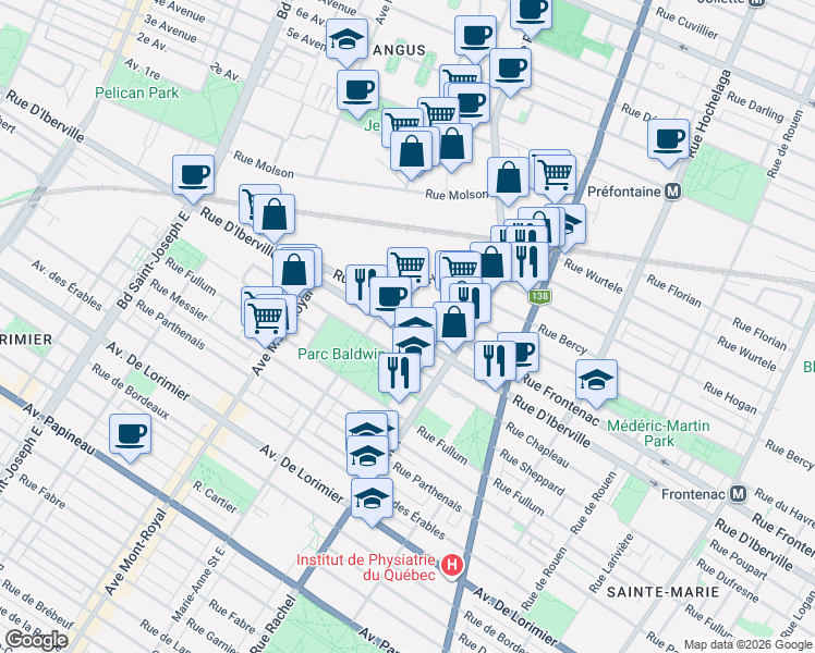 map of restaurants, bars, coffee shops, grocery stores, and more near 4281 Rue D'Iberville in Montréal