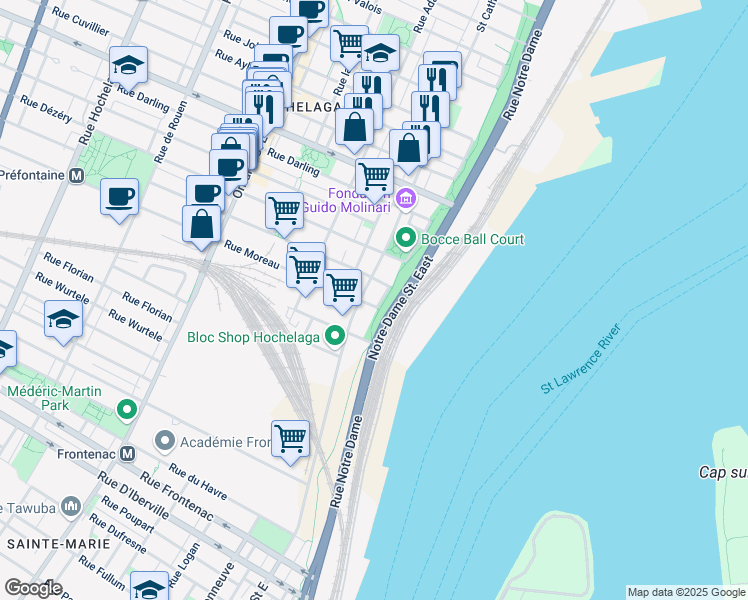 map of restaurants, bars, coffee shops, grocery stores, and more near 539 Rue Moreau in Montréal