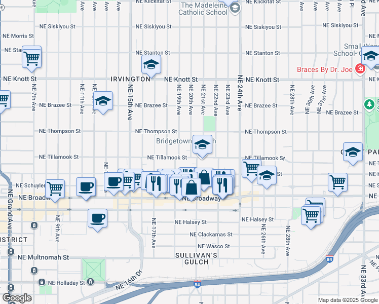 map of restaurants, bars, coffee shops, grocery stores, and more near 2117 Northeast 20th Avenue in Portland