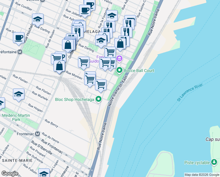 map of restaurants, bars, coffee shops, grocery stores, and more near 539 Rue Moreau in Montréal