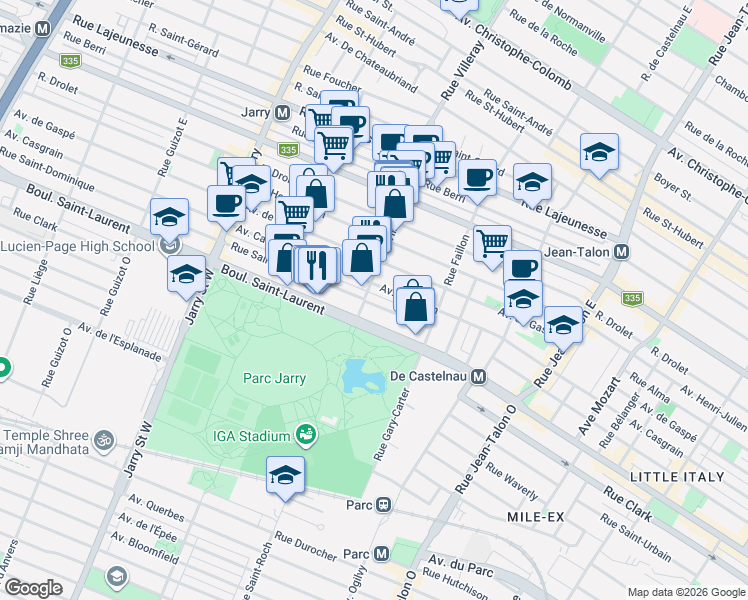 map of restaurants, bars, coffee shops, grocery stores, and more near 7675 Rue Saint-Dominique in Montréal