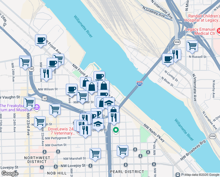 map of restaurants, bars, coffee shops, grocery stores, and more near 1604 Northwest Riverscape Street in Portland