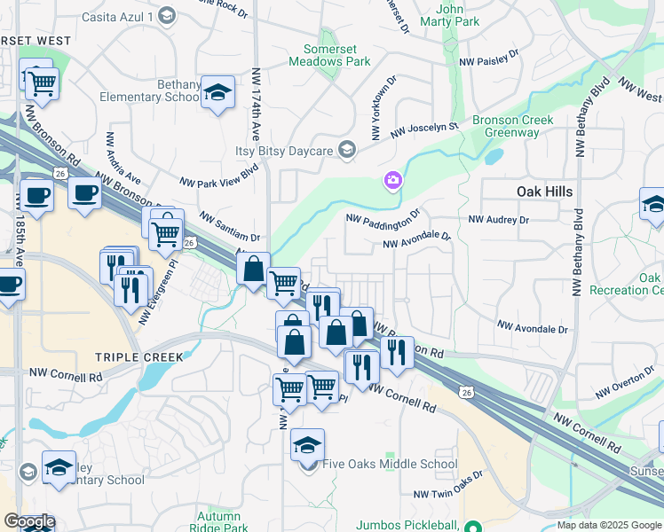 map of restaurants, bars, coffee shops, grocery stores, and more near 2529 Northwest Rogue Valley Terrace in Beaverton