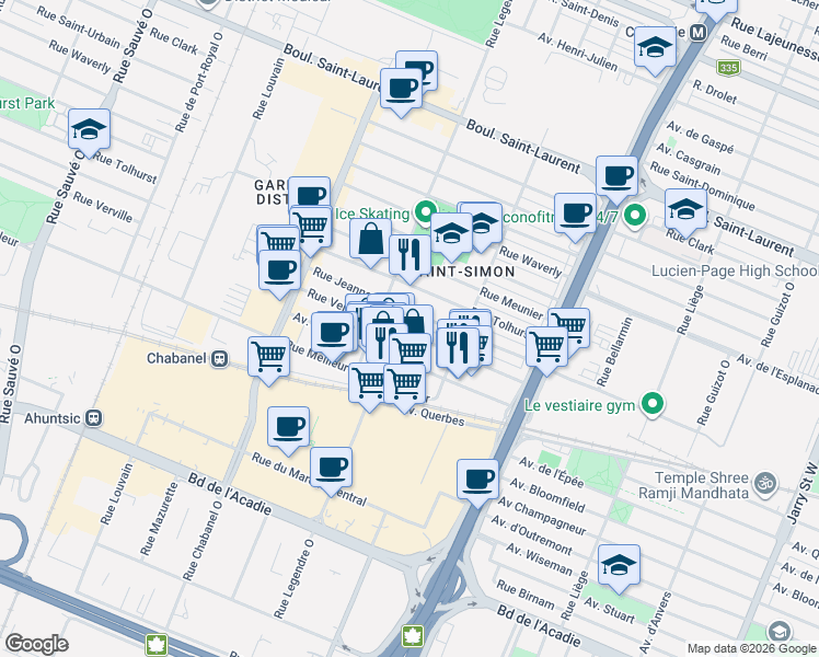 map of restaurants, bars, coffee shops, grocery stores, and more near 9027 Rue Verville in Montréal