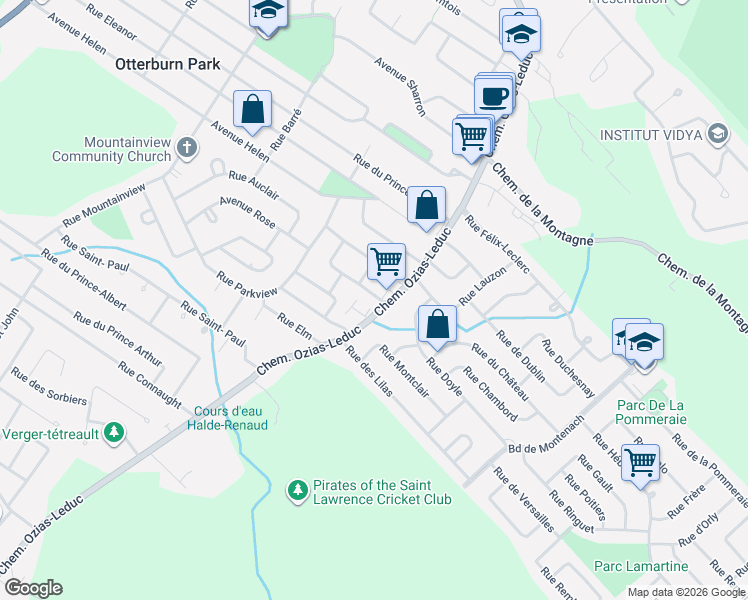 map of restaurants, bars, coffee shops, grocery stores, and more near 26 Rue Vanier in Otterburn Park