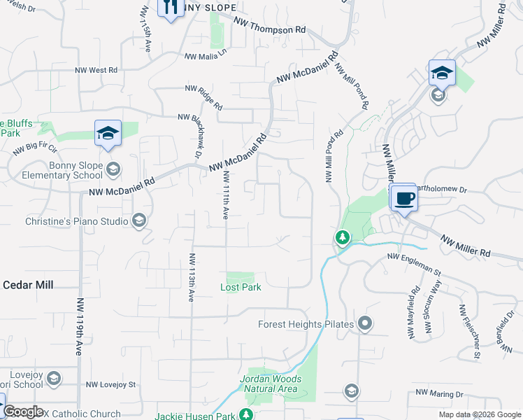map of restaurants, bars, coffee shops, grocery stores, and more near 10851 Northwest Claire Court in Portland