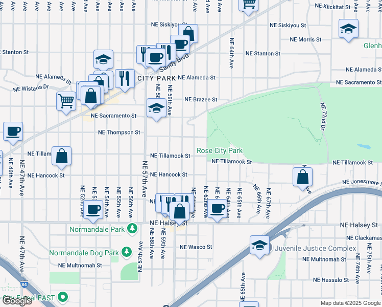 map of restaurants, bars, coffee shops, grocery stores, and more near 6026 Northeast Thompson Street in Portland