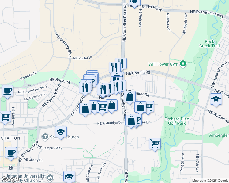 map of restaurants, bars, coffee shops, grocery stores, and more near 7360 Northeast Butler Street in Hillsboro