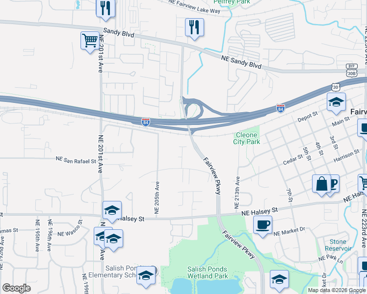 map of restaurants, bars, coffee shops, grocery stores, and more near 20751 Northeast Thompson Terrace in Fairview