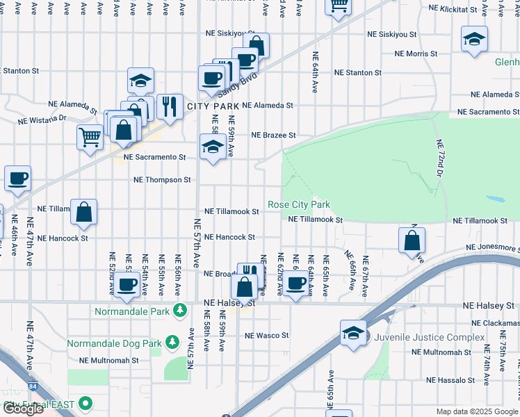 map of restaurants, bars, coffee shops, grocery stores, and more near 6026 Northeast Thompson Street in Portland