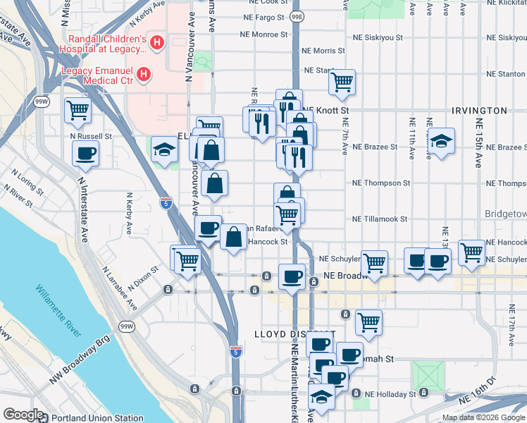 map of restaurants, bars, coffee shops, grocery stores, and more near 2126 Northeast Rodney Avenue in Portland