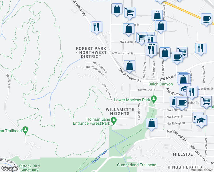 map of restaurants, bars, coffee shops, grocery stores, and more near 3499 Northwest Thurman Street in Portland