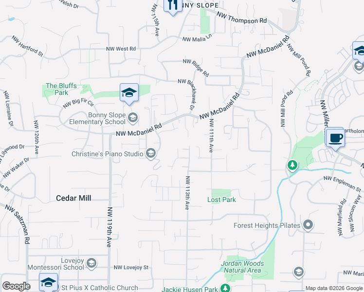 map of restaurants, bars, coffee shops, grocery stores, and more near 11370 Northwest Paulson Lane in Portland
