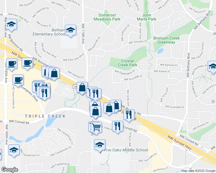 map of restaurants, bars, coffee shops, grocery stores, and more near 2529 Northwest Rogue Valley Terrace in Beaverton